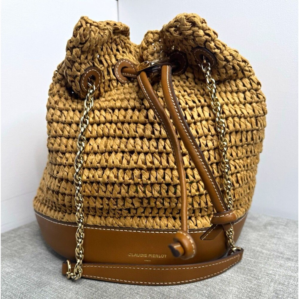 Claudie Pierlot Raffia Leather Bucket Bag Brown Gold Chain Drawstring Shoulder